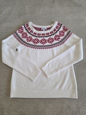 Kim Rogers Crewneck Sweater with Red and Green Fair Isle Yoke